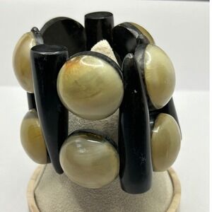 Wide Stretch Chunky Cuff Bracelet Black Beige Boho Nuetral Bold Edgy 6.75"